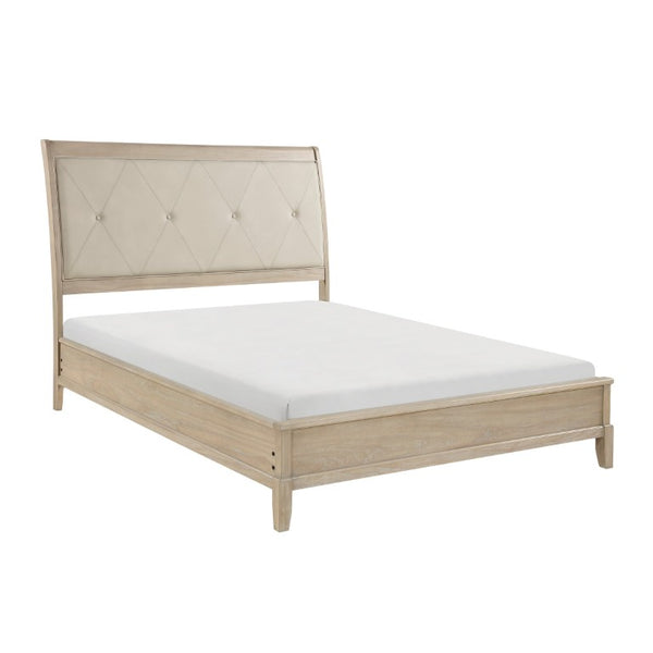 English Elm California King 5 Piece Bedroom Set Tufted Faux Leather Headboard Farmhouse Beige B011S05064