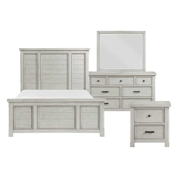 English Elm California King Bedroom Set with Panel Headboard Gray Oak Veneer and Antique Hardware B011S05071
