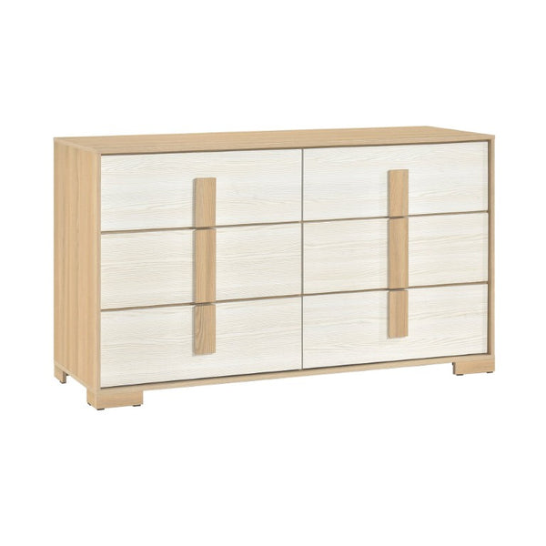 English Elm Eastern King Bedroom Set with LED Headboard Two Tone Wood and Six Drawer Dresser B011S05075
