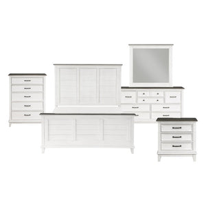 English Elm California King Farmhouse Bedroom Set Five Piece Oak Veneer Antique White Panel Bed B011S05088