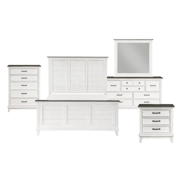 English Elm California King Farmhouse Bedroom Set Five Piece Oak Veneer Antique White Panel Bed B011S05088