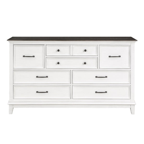 English Elm California King Farmhouse Bedroom Set Five Piece Oak Veneer Antique White Panel Bed B011S05088