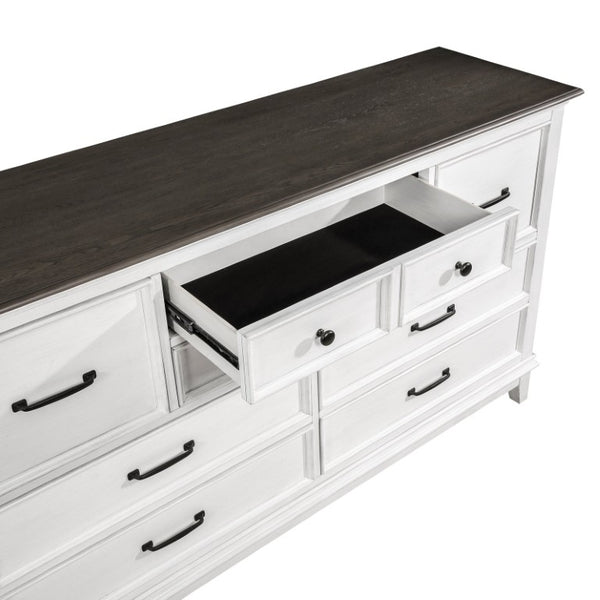 English Elm California King Farmhouse Bedroom Set Five Piece Oak Veneer Antique White Panel Bed B011S05088
