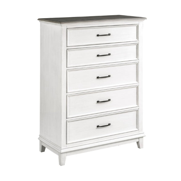 English Elm California King Farmhouse Bedroom Set Five Piece Oak Veneer Antique White Panel Bed B011S05088