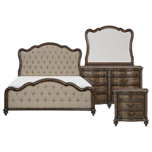 English Elm California King Bedroom Set with Tufted Bed Dresser Mirror and Oak Wood Nightstand B011S05093
