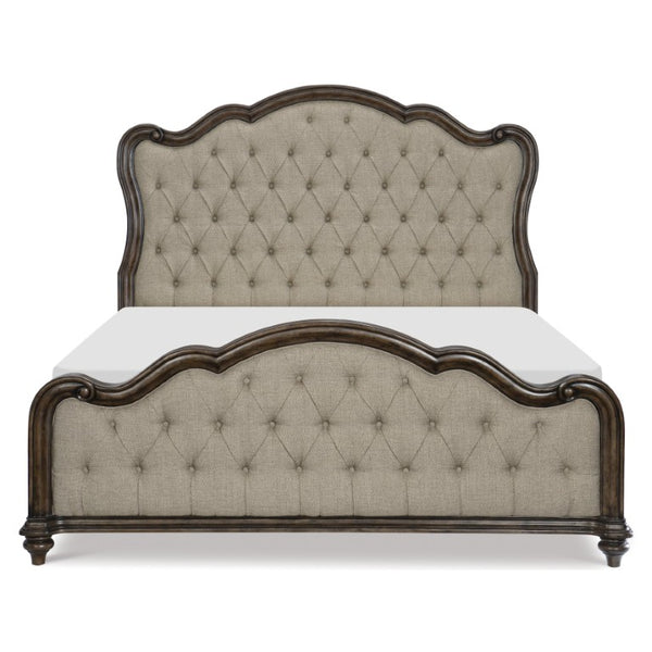 English Elm California King Bedroom Set with Tufted Bed Dresser Mirror and Oak Wood Nightstand B011S05093