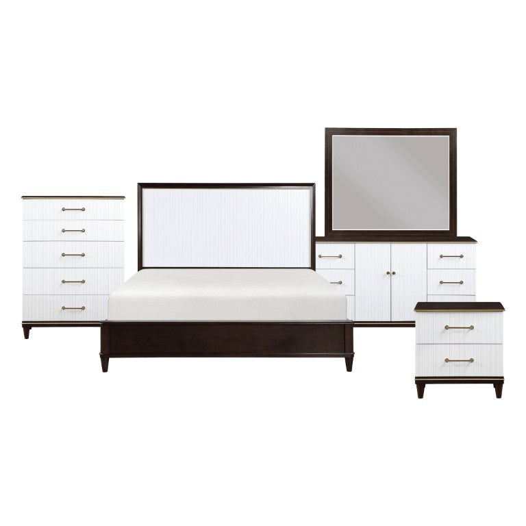 English Elm Queen Bedroom Set Five Piece Cherry Veneer with Gold Hardware and White Panel Accents B011S05138