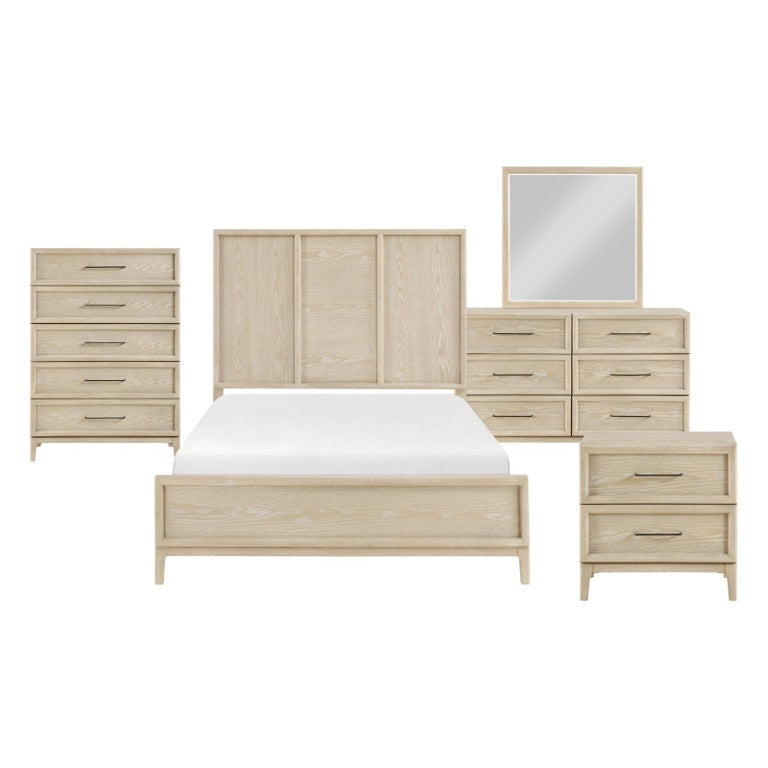 English Elm Queen Panel Bed Set Oak Veneer Five Piece Suite with Dresser Chest and Nightstand B011S05144