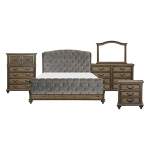 English Elm Queen Sleigh Bed Five Piece Set Velvet Tufted Traditional Weathered Pecan Suite B011S05164