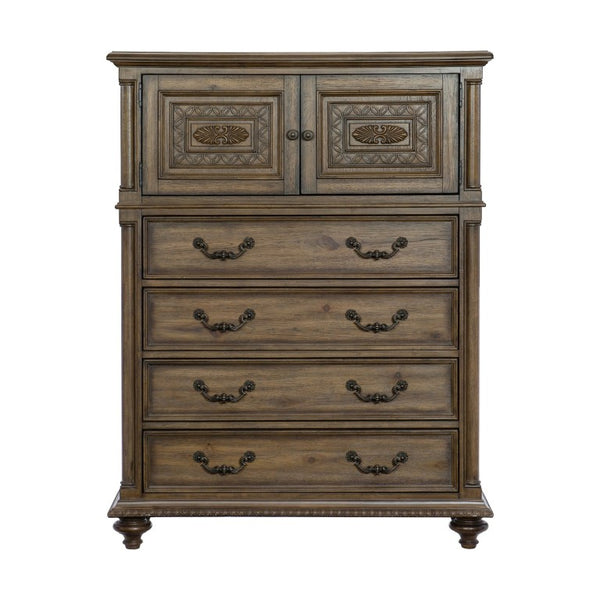 English Elm Queen Sleigh Bed Five Piece Set Velvet Tufted Traditional Weathered Pecan Suite B011S05164