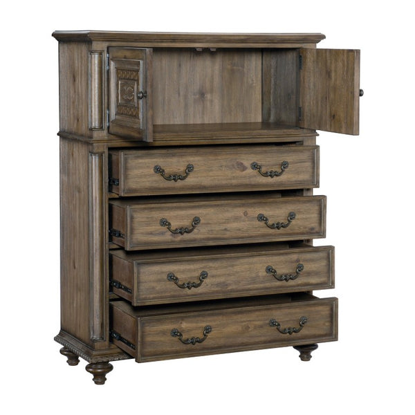 English Elm Queen Sleigh Bed Five Piece Set Velvet Tufted Traditional Weathered Pecan Suite B011S05164