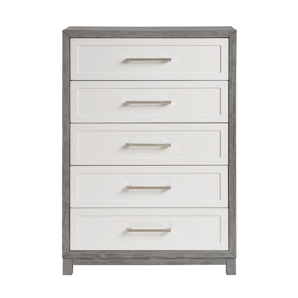 English Elm Eastern King Platform Bedroom Set Okume Veneer Two Tone Contemporary Five Piece B011S05166
