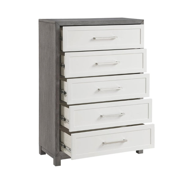 English Elm Eastern King Platform Bedroom Set Okume Veneer Two Tone Contemporary Five Piece B011S05166