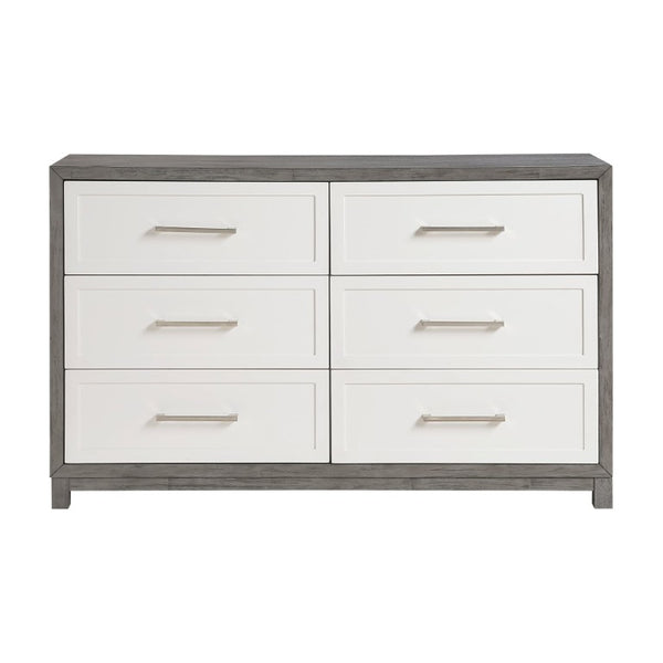 English Elm Queen Platform Bedroom Set Five Piece Ivory Gray Okume Veneer with Storage Drawers B011S05170