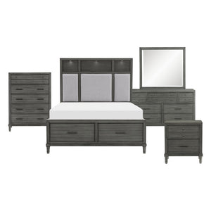 English Elm Eastern King Bedroom Set with LED Storage Bed Gray Veneer and Bronze Hardware B011S05182
