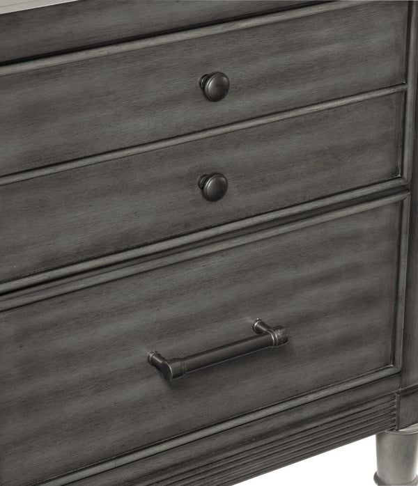 English Elm Eastern King Bedroom Set with LED Storage Bed Gray Veneer and Bronze Hardware B011S05182