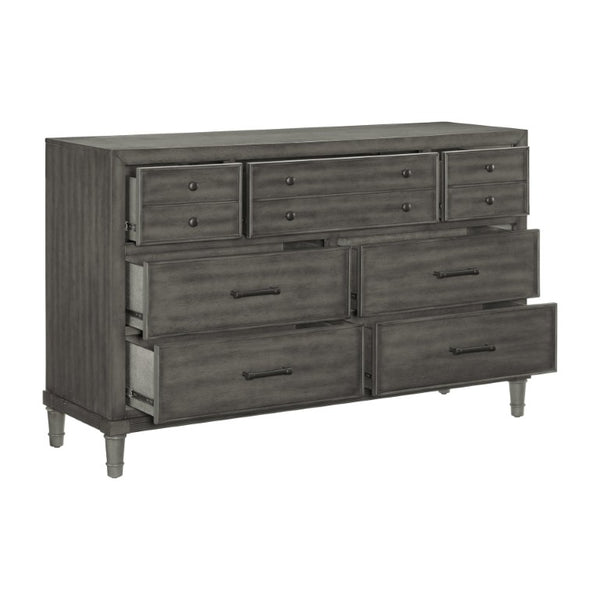 English Elm Eastern King Bedroom Set with LED Storage Bed Gray Veneer and Bronze Hardware B011S05182