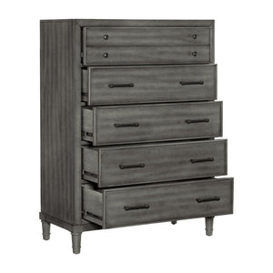 English Elm Eastern King Bedroom Set with LED Storage Bed Gray Veneer and Bronze Hardware B011S05182