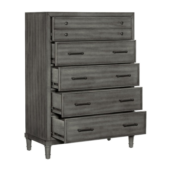 English Elm Eastern King Bedroom Set with LED Storage Bed Gray Veneer and Bronze Hardware B011S05182