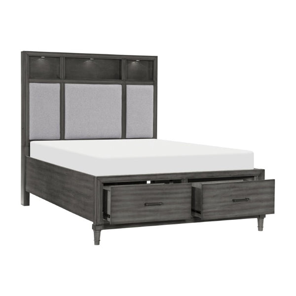 English Elm Eastern King Bedroom Set with LED Storage Bed Gray Veneer and Bronze Hardware B011S05182