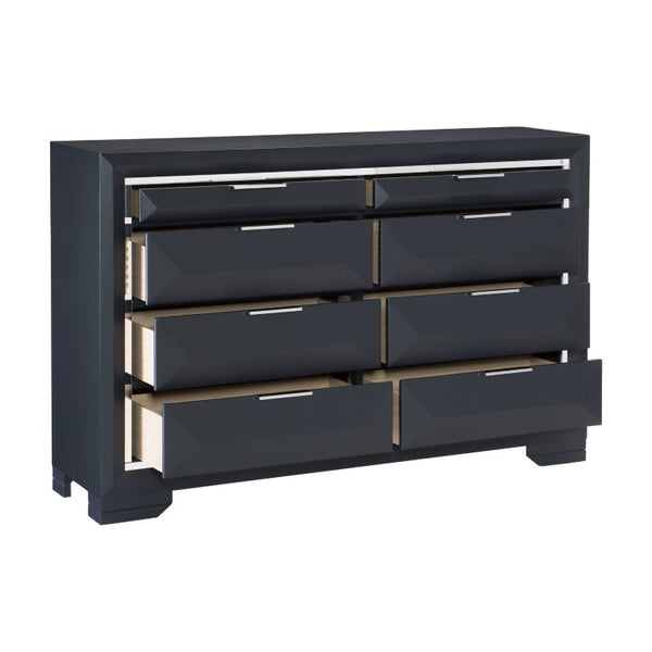 English Elm California King 4 Piece Bedroom Set Midnight Blue Lacquer with Chrome Accents B011S05195
