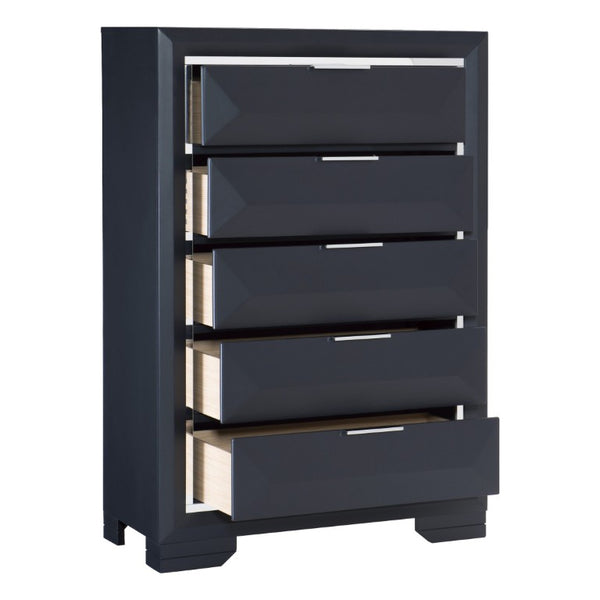 English Elm California King Bedroom Set with Bookcase Headboard in Midnight Blue Lacquer Chrome B011S05196