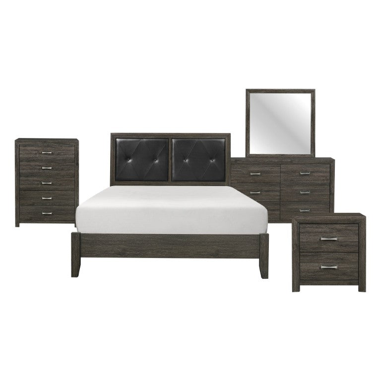 English Elm California King Bedroom Set Five Piece Modern Gray Tufted Faux Leather Headboard Suite B011S05210