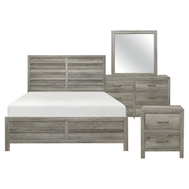 English Elm Eastern King Bedroom Set Weathered Gray Faux Wood Veneer with Dresser Mirror Nightstand B011S05222