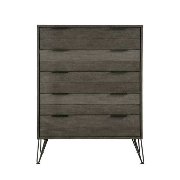 English Elm California King 5 Piece Acacia Wood Bedroom Set with Contemporary Grey Slat Design B011S05231