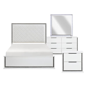 English Elm California King Glam Bedroom Set with LED Lighting Faux Leather Headboard White Finish B011S05242