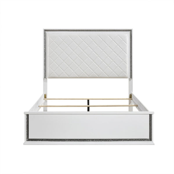 English Elm California King Glam Bedroom Set with LED Lighting Faux Leather Headboard White Finish B011S05242