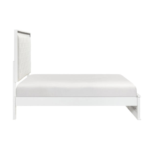 English Elm California King Glam Bedroom Set with LED Lighting Faux Leather Headboard White Finish B011S05242