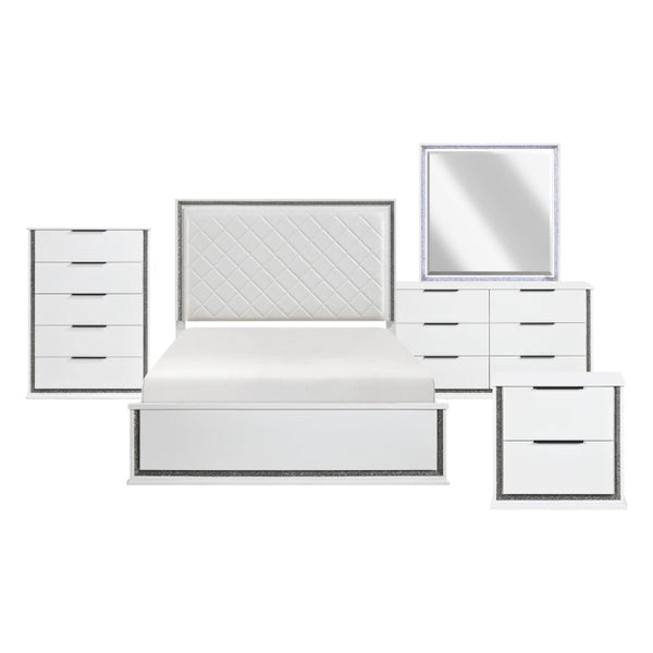 English Elm Queen Bedroom Set Five Piece Glam White Faux Leather LED Upholstered Storage Suite B011S05245
