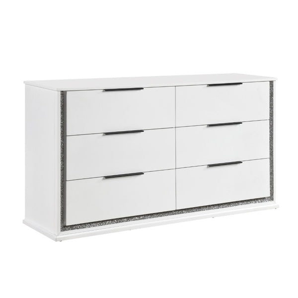 English Elm Queen Bedroom Set Five Piece Glam White Faux Leather LED Upholstered Storage Suite B011S05245