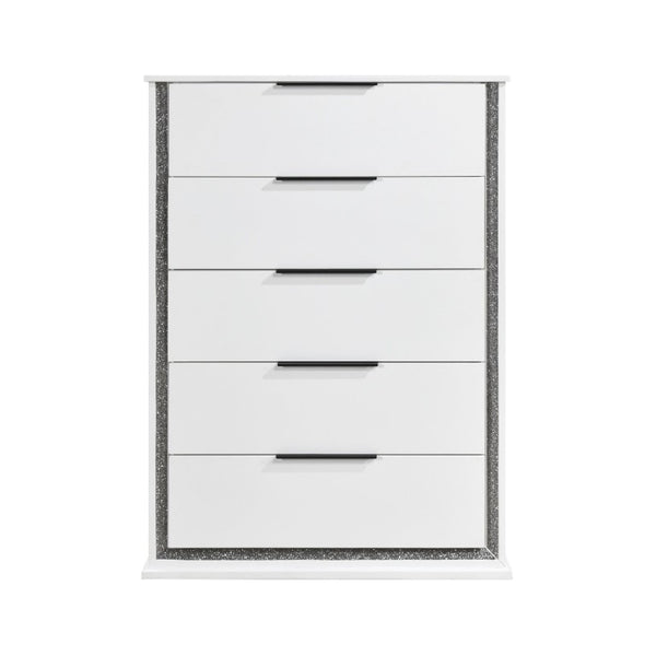 English Elm Queen Bedroom Set Five Piece Glam White Faux Leather LED Upholstered Storage Suite B011S05245