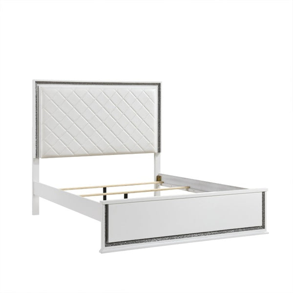English Elm Queen Bedroom Set Five Piece Glam White Faux Leather LED Upholstered Storage Suite B011S05245