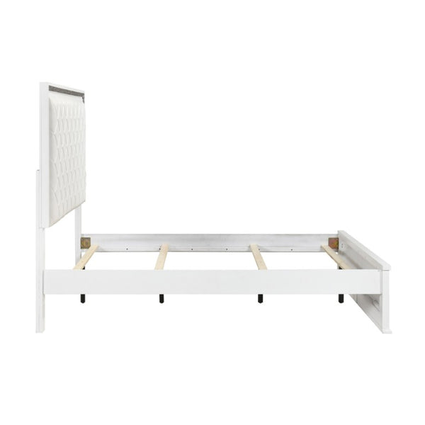 English Elm Queen Bedroom Set Five Piece Glam White Faux Leather LED Upholstered Storage Suite B011S05245