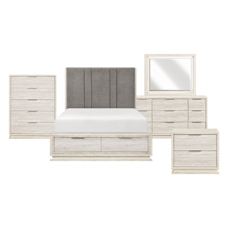English Elm Eastern King 5 Piece Bedroom Set with LED Lighting Gray Chenille Upholstered Bed B011S05247