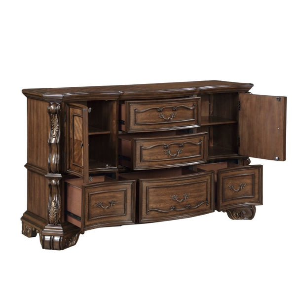 English Elm California King Bedroom Set Ornate European Style with Gold Accents Pecan Veneer B011S05254