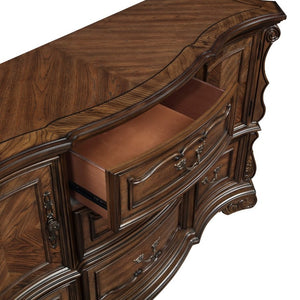 English Elm California King Bedroom Set Ornate European Style with Gold Accents Pecan Veneer B011S05254