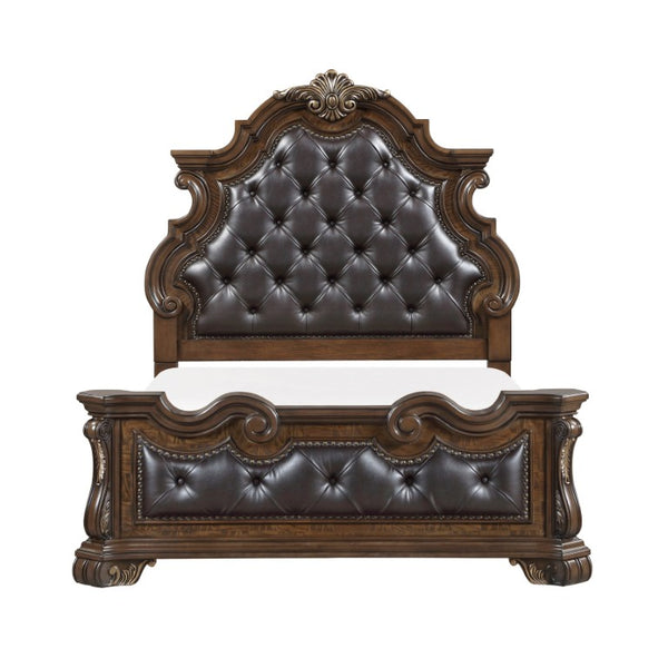 English Elm California King Bedroom Set Ornate European Style with Gold Accents Pecan Veneer B011S05254