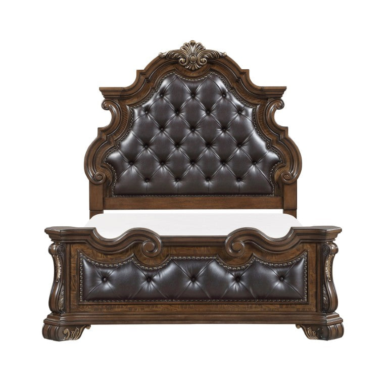 English Elm Queen Bedroom Set with Tufted Headboard Gold Accents and Pecan Veneer Dresser B011S05256