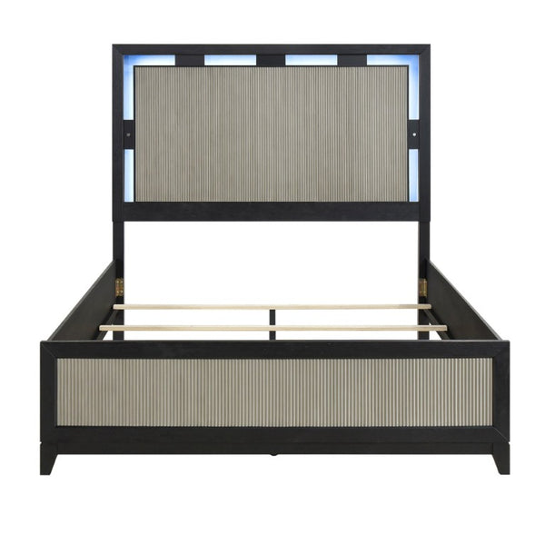 English Elm Queen Panel Bed Set with LED Headboard Reeded Dresser Mirror and Nightstand B011S05262