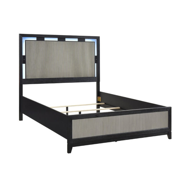 English Elm Queen Panel Bed Set with LED Headboard Reeded Dresser Mirror and Nightstand B011S05262