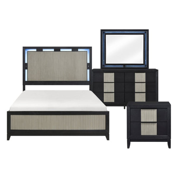 English Elm Queen Panel Bed Set with LED Headboard Reeded Dresser Mirror and Nightstand B011S05262