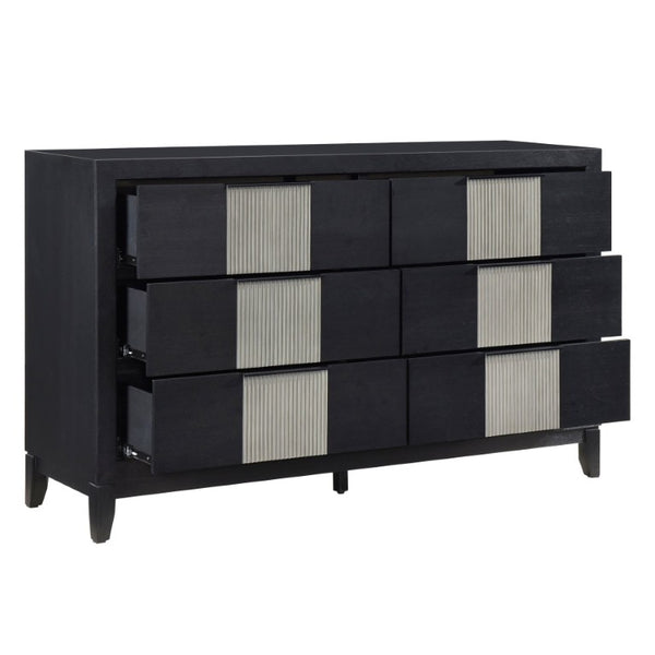 English Elm Queen Panel Bed Set with LED Headboard Reeded Dresser Mirror and Nightstand B011S05262
