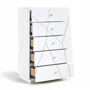 English Elm California King Bedroom Set 5 Piece Modern White Suite with LED Mirror and Silver Trim B011S05285