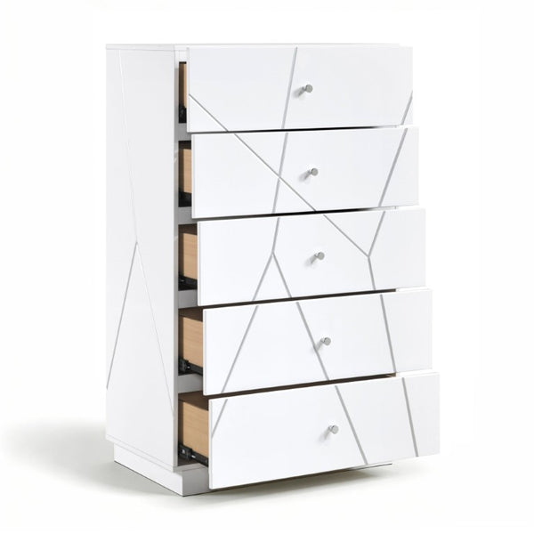 English Elm California King Bedroom Set 5 Piece Modern White Suite with LED Mirror and Silver Trim B011S05285