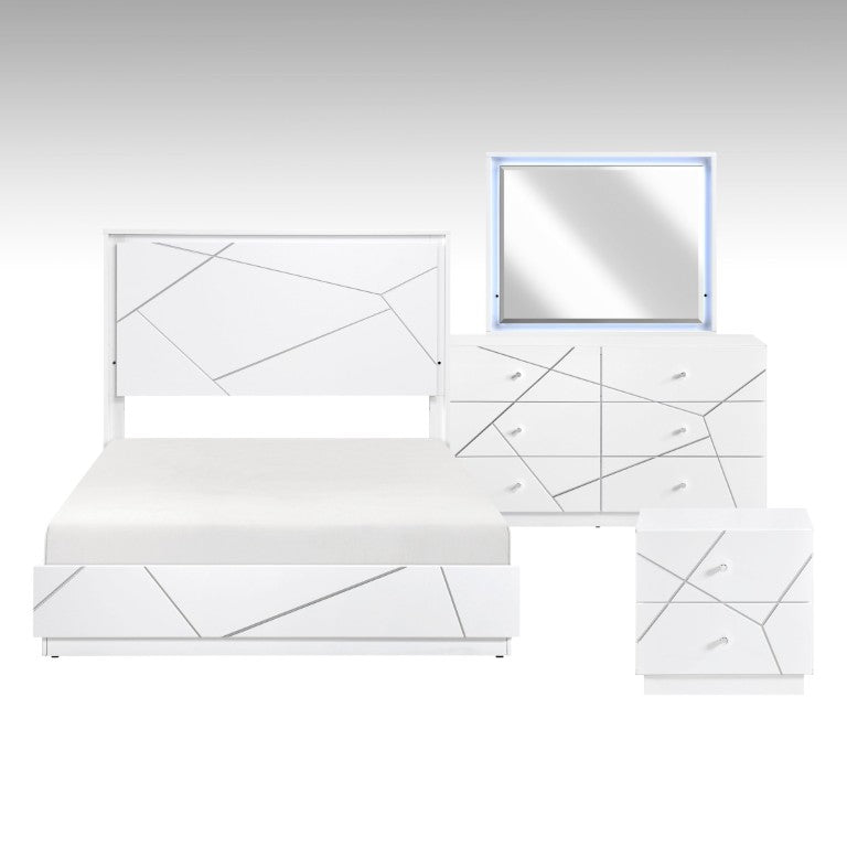 English Elm Queen Bedroom Set with LED Lighting Geometric White Finish Dresser and Nightstand B011S05286
