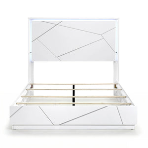 English Elm Queen Bedroom Set with LED Lighting Geometric White Finish Dresser and Nightstand B011S05286